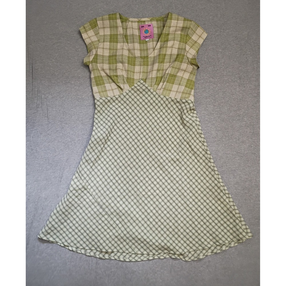 UNIF Green Plaid V-Neck Mini Dress Sleeveless Mixed Check Print Size M